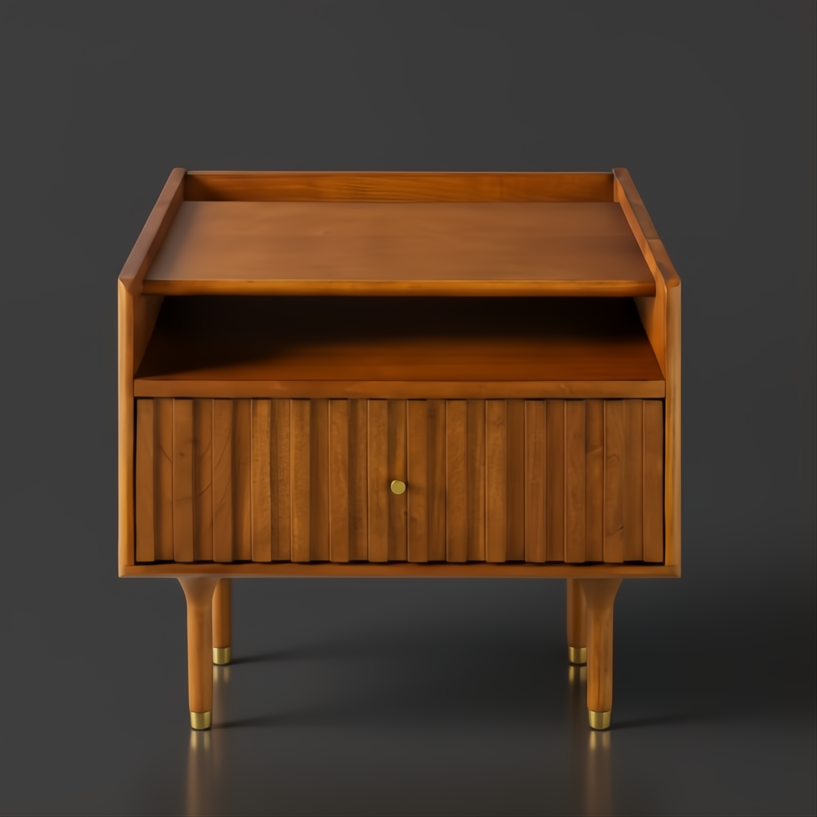 Madri brown wood nightstand with minimalist modern design, single drawer with vertical fluting, and brass-capped legs.