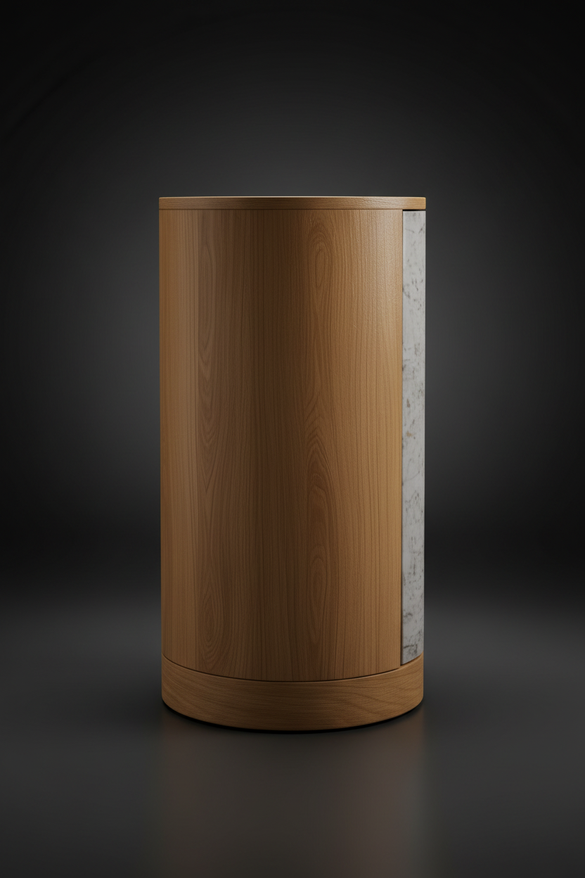 Surya Poros Cabinet: cylindrical brown oak base with silver gray lacquered cork veneer top.
