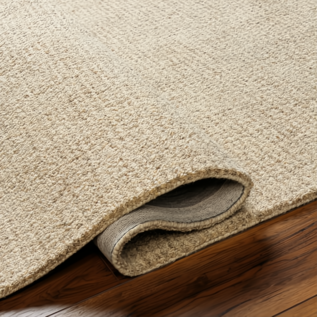 Surya Aiden AEN-1000 medium pile area rug in Tan and Ivory, hand-tufted 100% wool, partially rolled.
