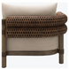 Brown woven rattan armrest and light beige cushion of a Surya Porta outdoor sectional.