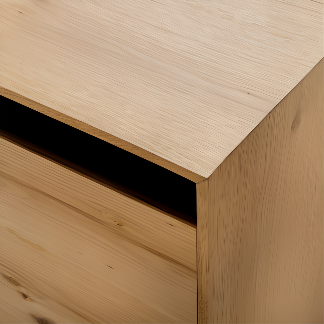 Close-up of Surya Molander Sideboard's clear natural oak veneer top and brown wood grain.