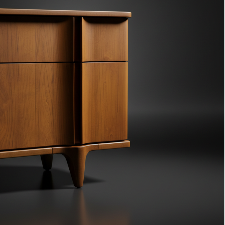 Grande Collection brown stained poplar dresser with minimalist modern design and tapered legs.
