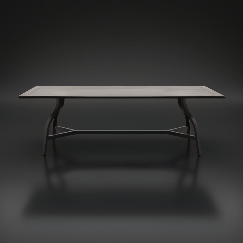 Surya Antibes black aluminum outdoor dining table with slatted top and curved legs.