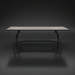 Surya Antibes black aluminum outdoor dining table with slatted top and curved legs.