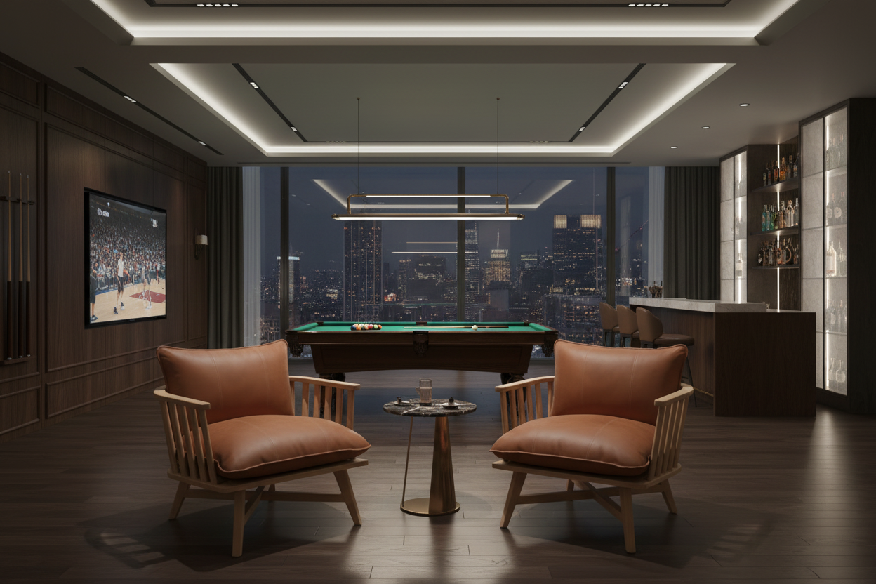Surya Arco ARCO-001 accent chair with brown leather upholstery and a light beechwood slatted base.
