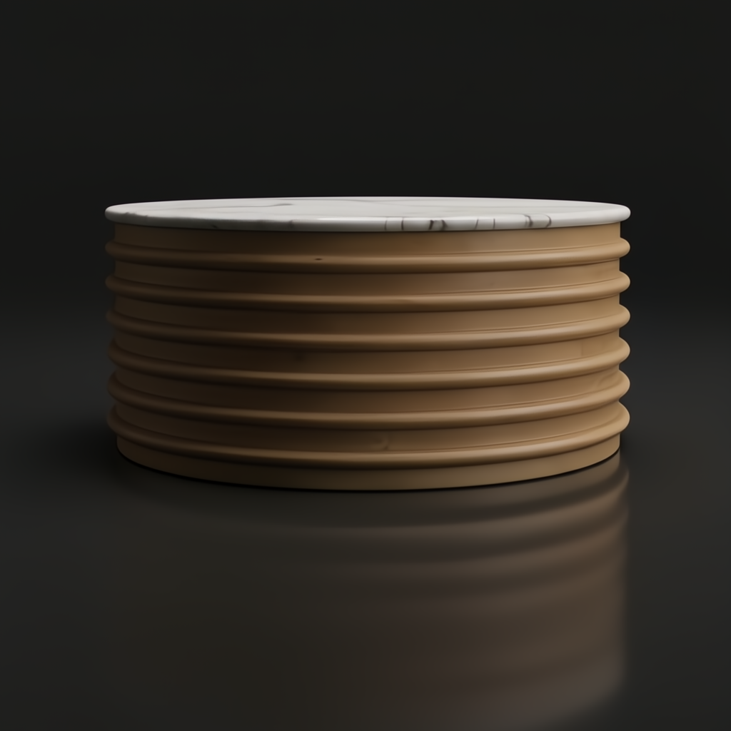 Beige Surya Redondo coffee table with polished marble top and ribbed mango wood base.