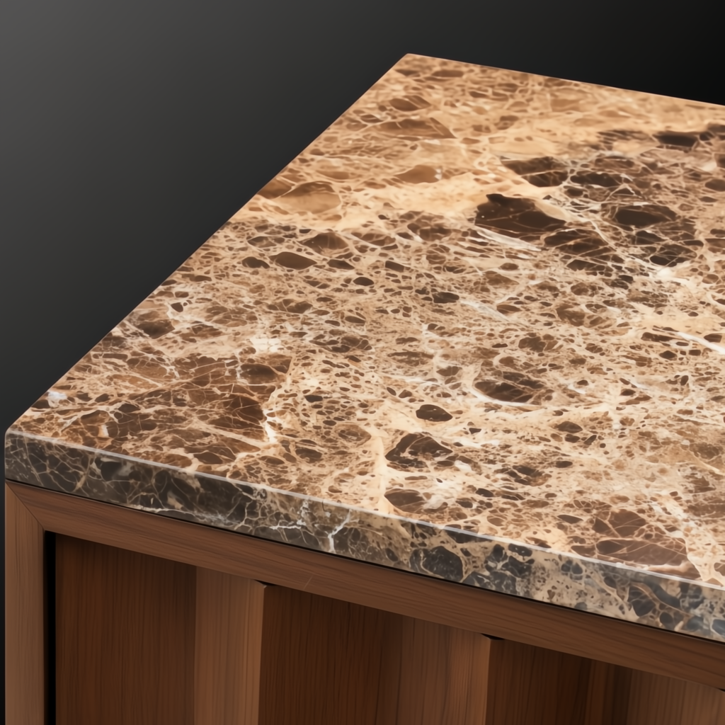 Brown marble top of a Surya Skopa mid-century modern cabinet with white oak base.