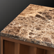 Brown marble top of a Surya Skopa mid-century modern cabinet with white oak base.