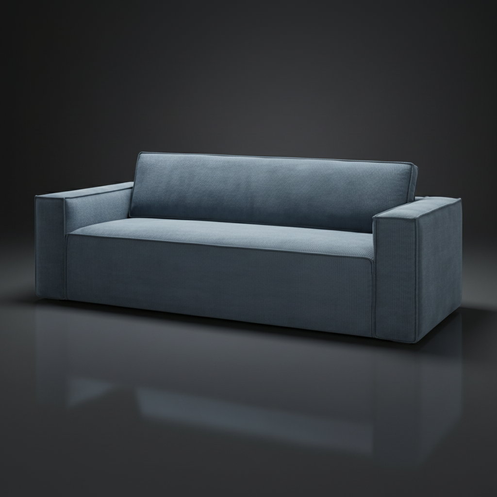 Surya Aira contemporary navy polyester sofa with a brown rubber wood base.