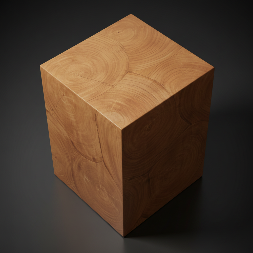 Surya Brax end table, a compact brown lacquered acacia cube with natural wood grain.