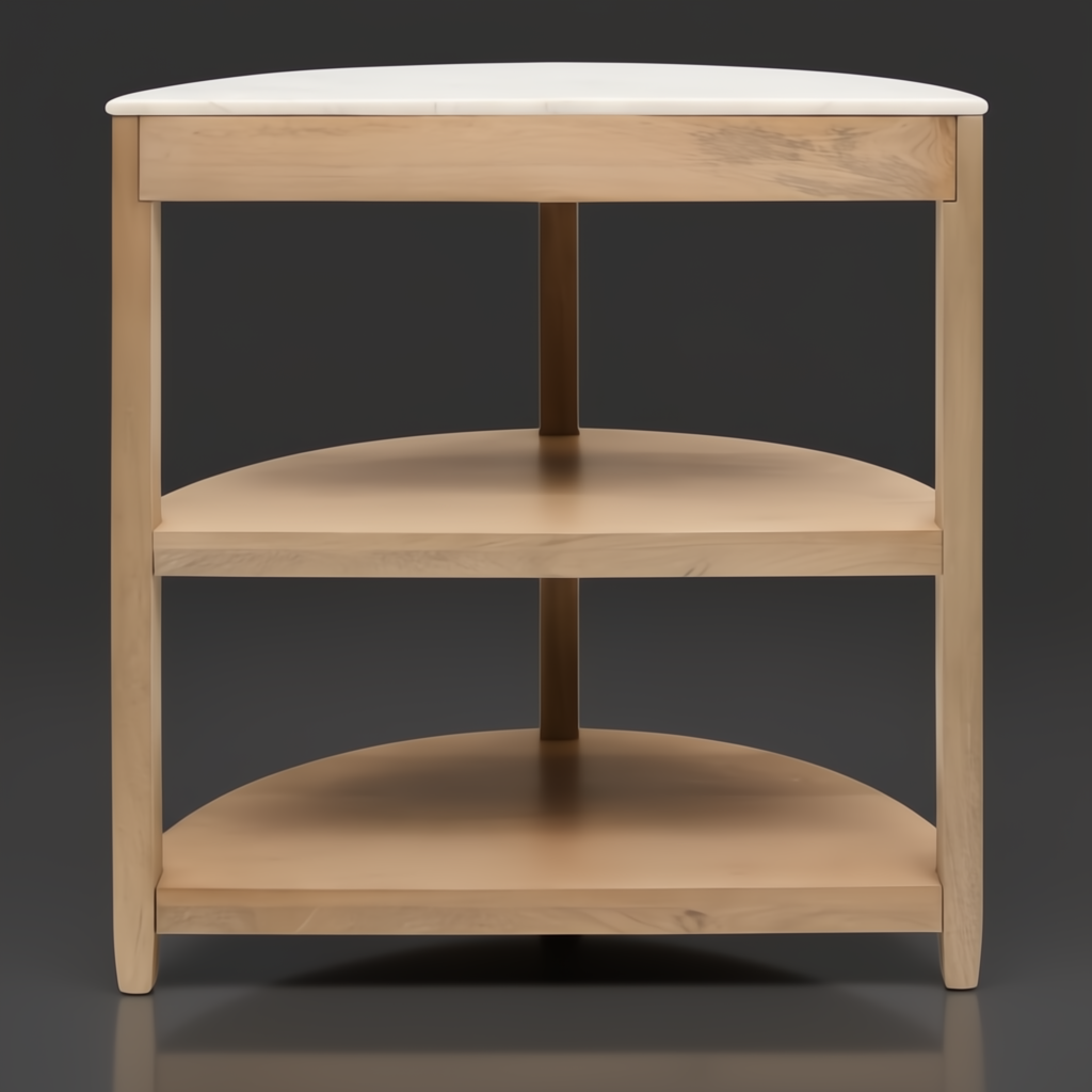 Surya Rosemary console table with a white marble top and light mango wood base, featuring two curved shelves.