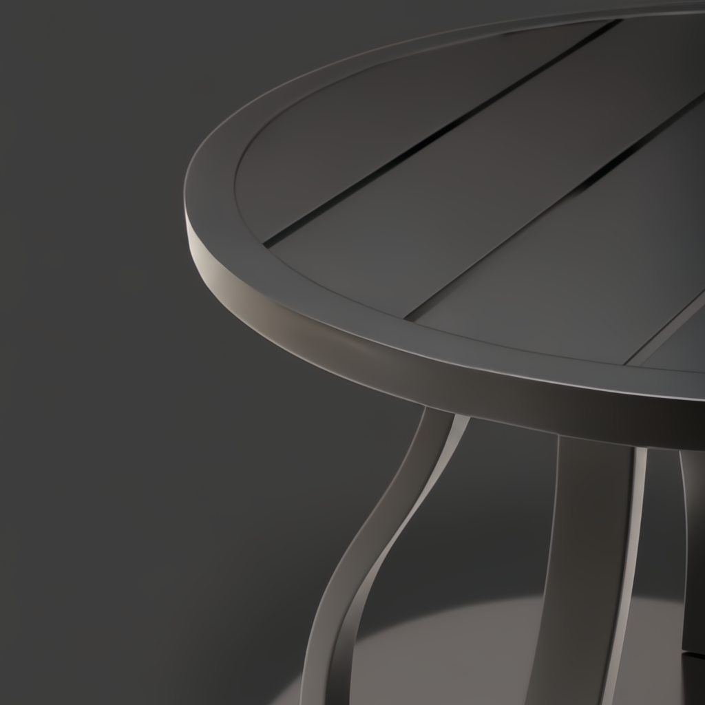 Surya Antibes black powder-coated aluminum round outdoor end table with slatted top and curved legs.