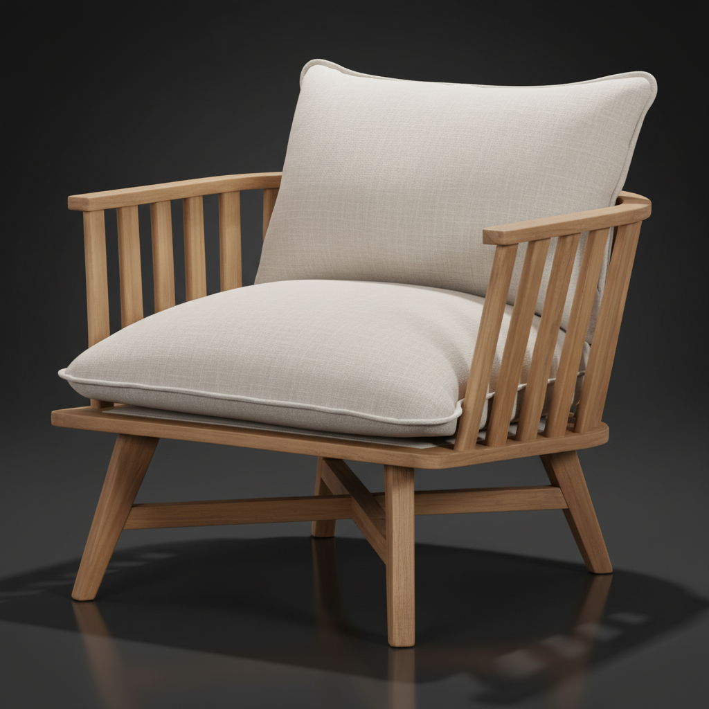 Surya Arco accent chair with light beige linen cushions and a gray painted beechwood base.