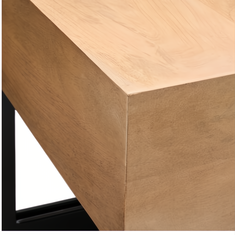 Surya Lowmax coffee table with a brown mango wood top and black cast iron base.