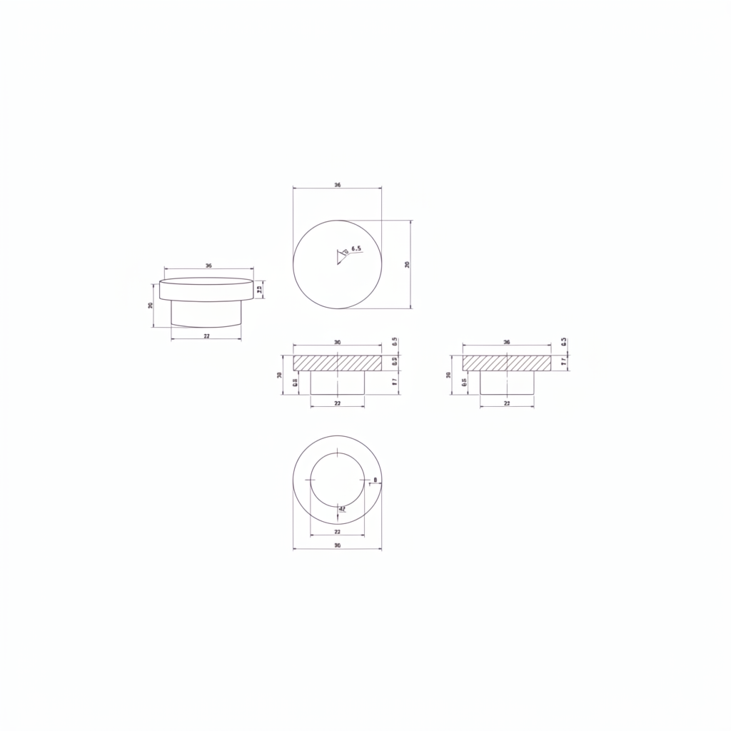 Technical drawing of a round component with various dimensions and views, including top, side, and cross-sections.