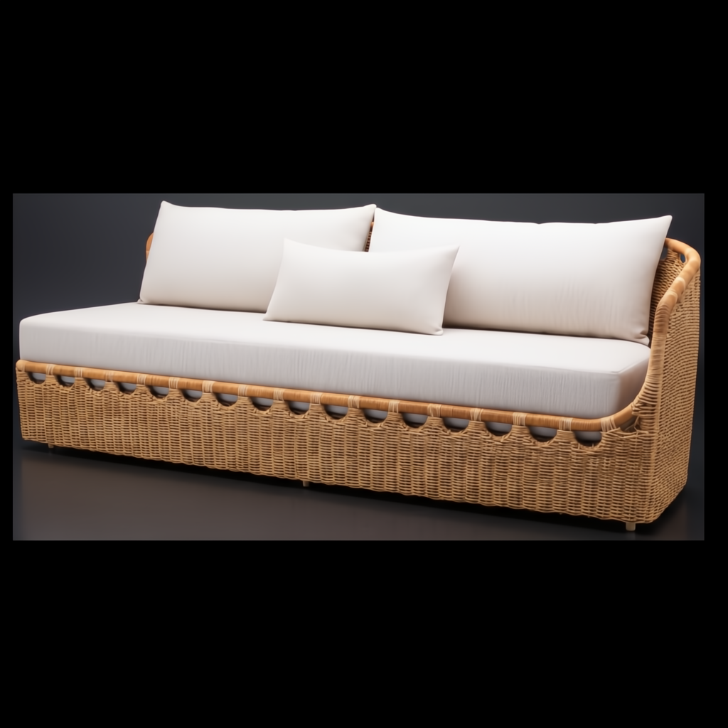 Marvella outdoor sofa with light beige Sunbrella cushions and a natural woven rattan base.