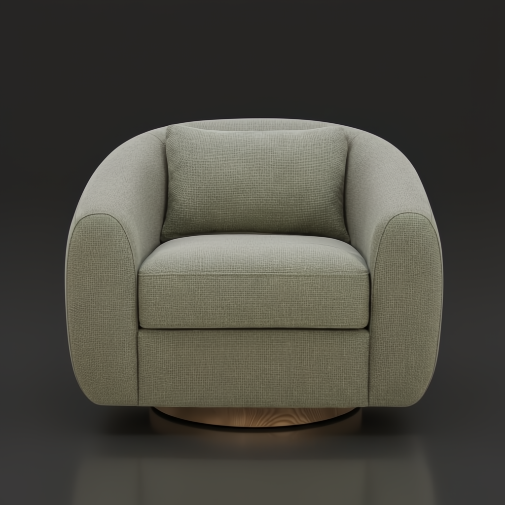 Surya Loma grass green upholstered swivel chair with a brown stained ash wood base and pillow.
