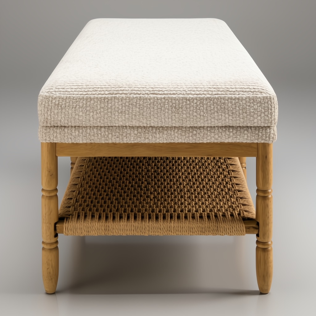 Surya Landi Bench: light beige upholstered top, natural rubber wood frame, and woven brown rope lower shelf.