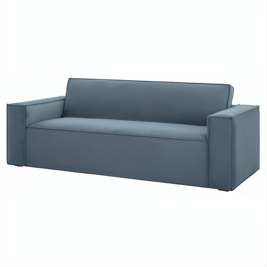 Aira navy upholstered sofa with structured polyurethane foam cushions and clean lines.