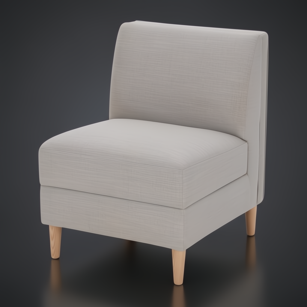 Light gray upholstered banquette chair with natural ash wood legs and a side cut-out detail.