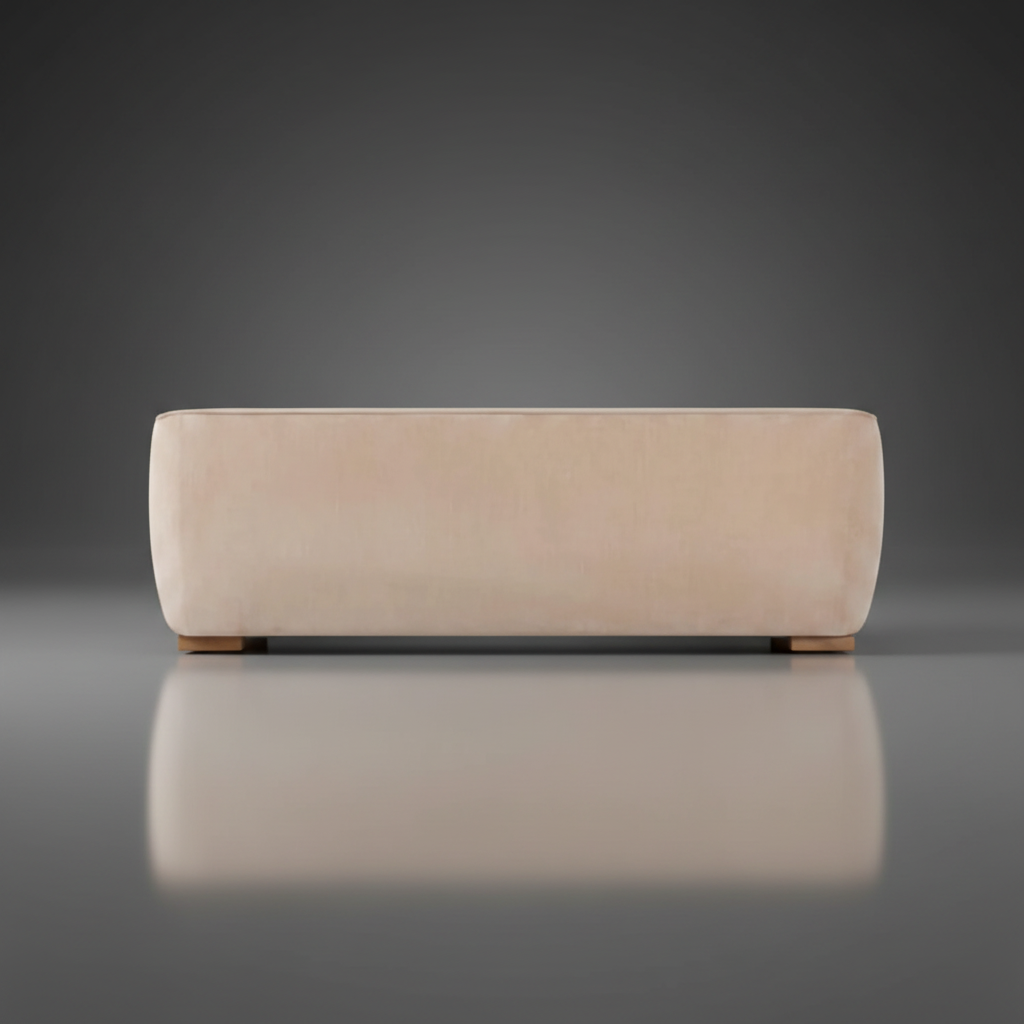 Back view of a long, rectangular beige sofa with a soft, polished polyester cover and low wooden feet.