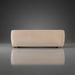 Back view of a long, rectangular beige sofa with a soft, polished polyester cover and low wooden feet.