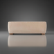 Back view of a long, rectangular beige sofa with a soft, polished polyester cover and low wooden feet.