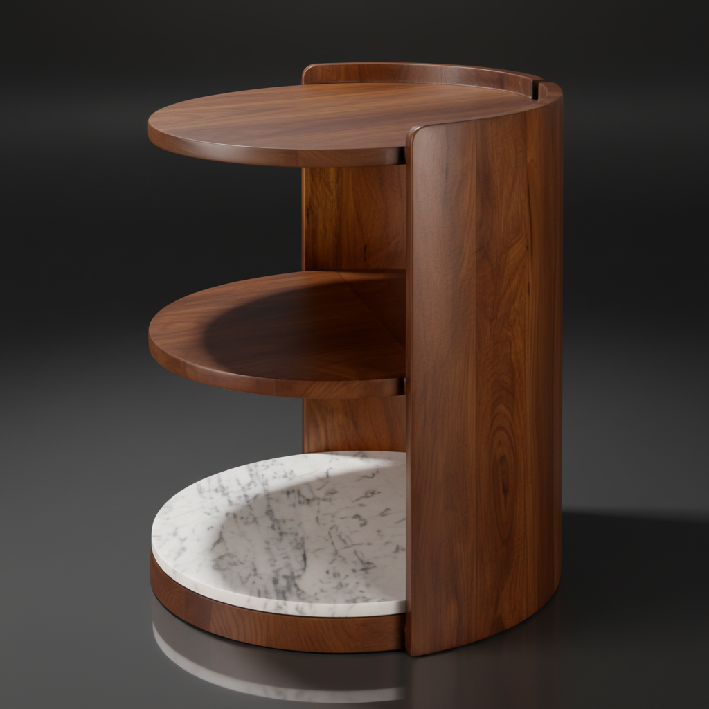 Modern dark brown mango wood end table with two round shelves and a white marble base.