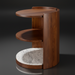 Modern dark brown mango wood end table with two round shelves and a white marble base.