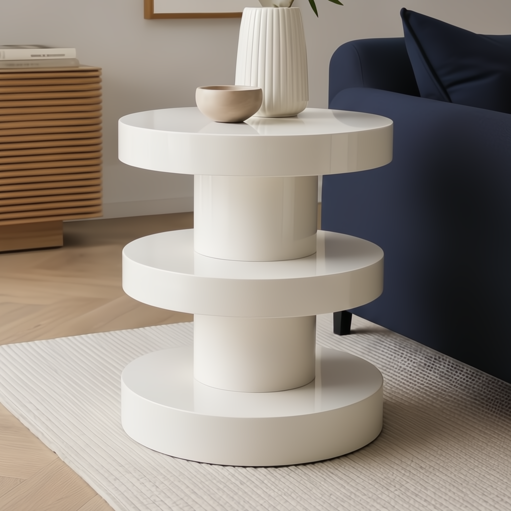 Cream iron Surya Roth End Table with tiered shelves, high gloss finish, 24"H.