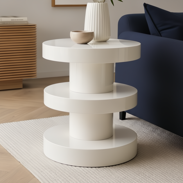 Cream iron Surya Roth End Table with tiered shelves, high gloss finish, 24"H.