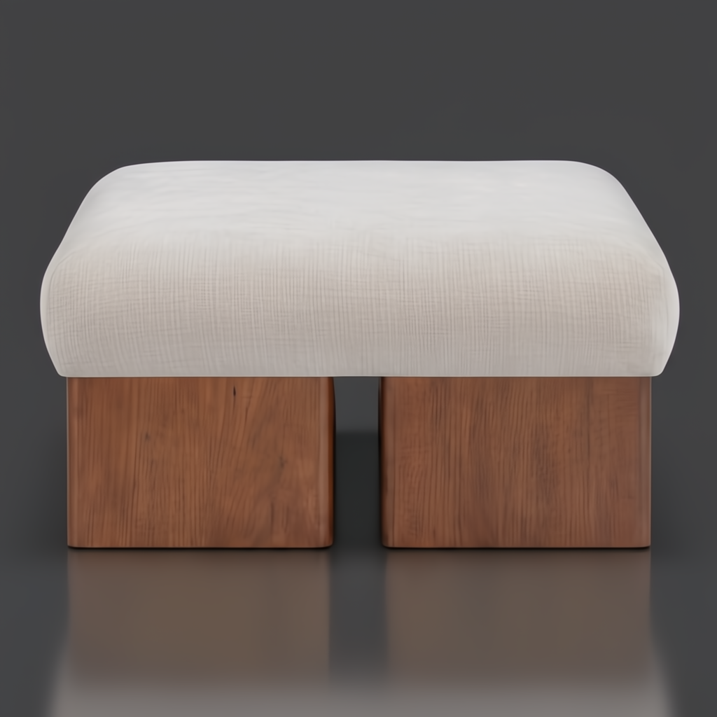 Surya Mirava Ottoman, ivory polyester upholstered top, brown stained rubber wood base.