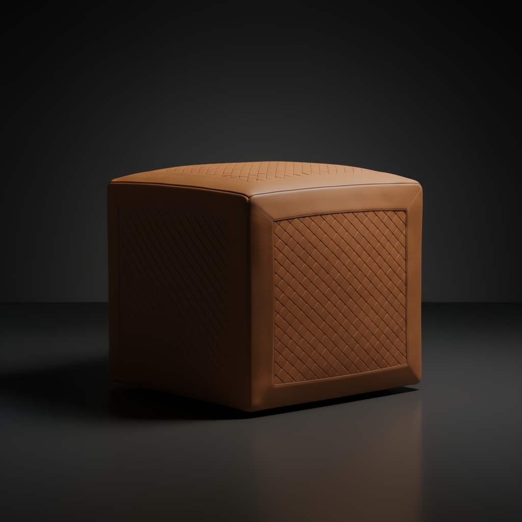 Traditional cube-style Surya Lawdon ottoman with a brown leather top and woven sides.