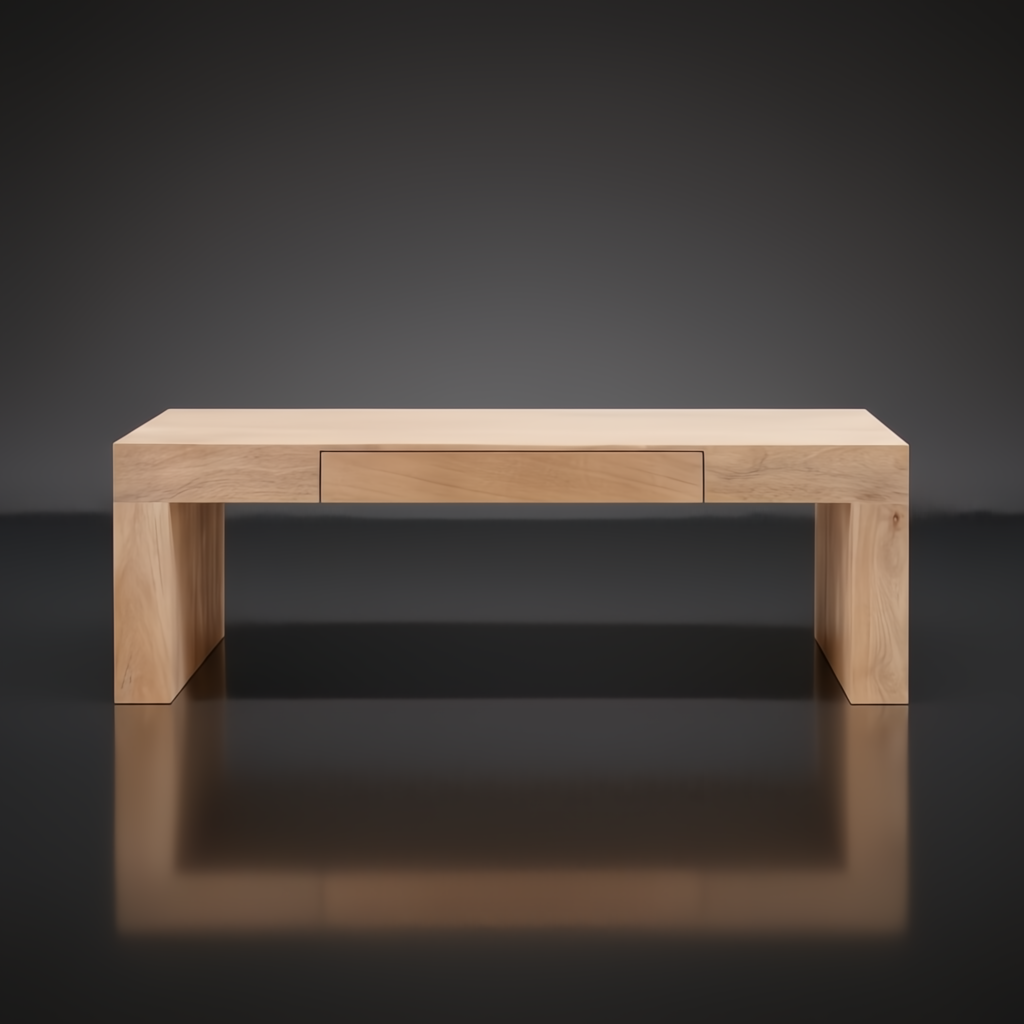 Surya Coburn minimalist modern coffee table, light brown mango wood, with a single drawer.