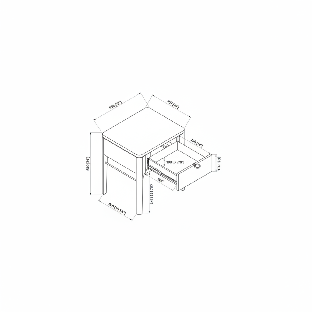 Technical drawing of the SuryaAnello End Table with a brown top, brown/metallic brass base, and an open drawer, showing dimensions.