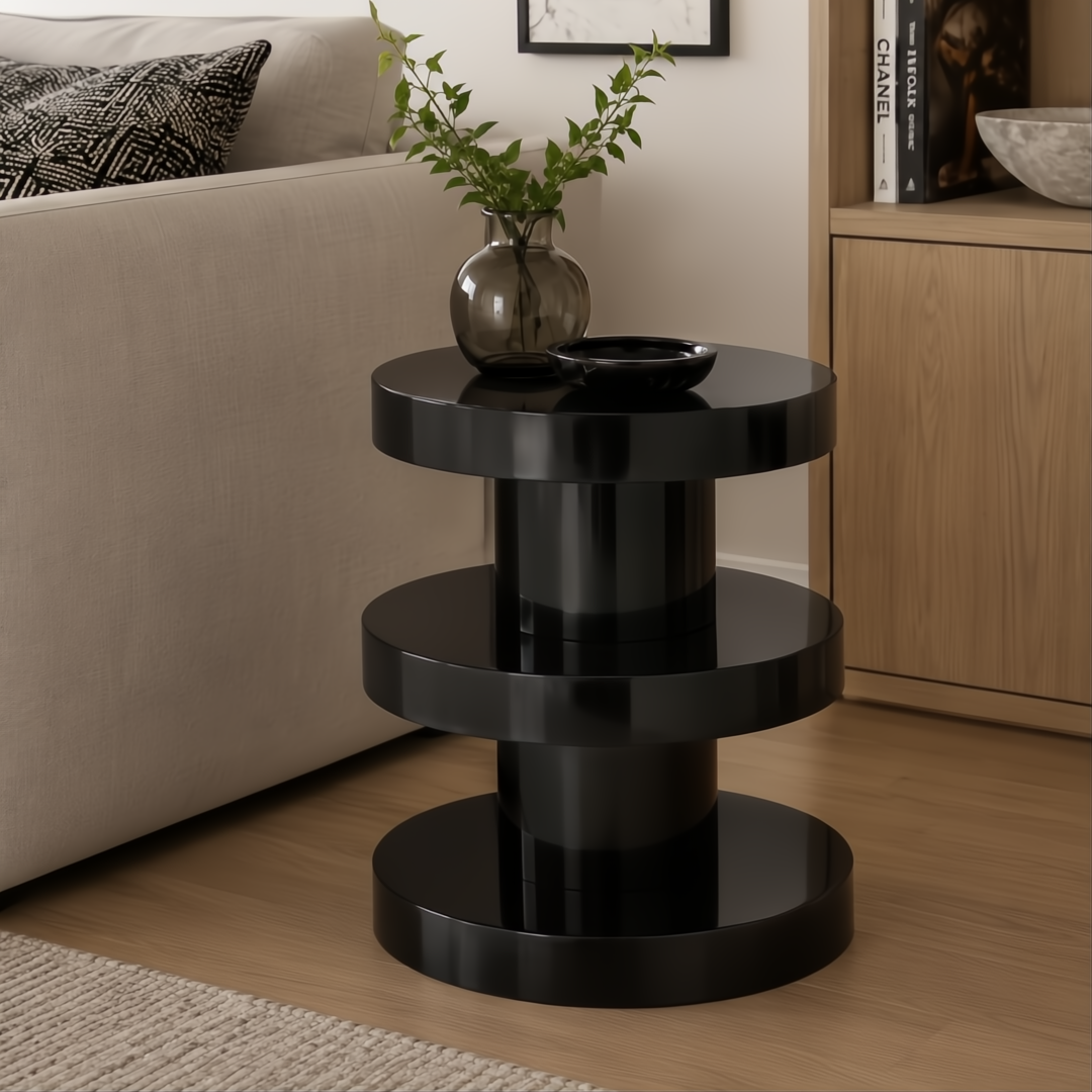 Black iron Surya Roth End Table with a minimalist modern design, 24"H x 20"W x 20"D.