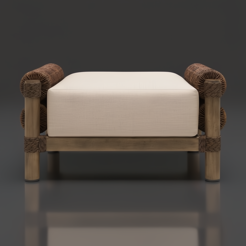 Surya Porta Ottoman with a beige Sunbrella cushion, brown hand-painted aluminum base, and woven accents.