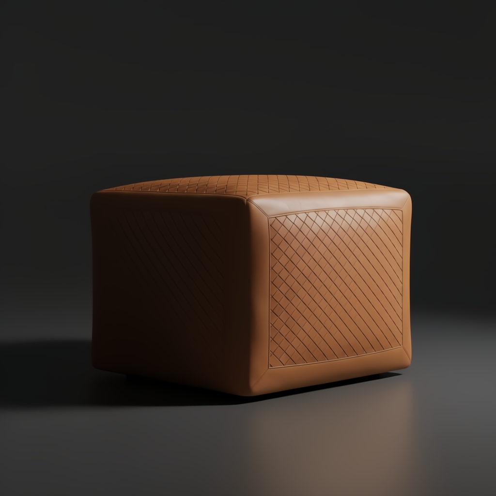 Brown leather cube ottoman with woven texture, 18" H x 18" W x 18" D.