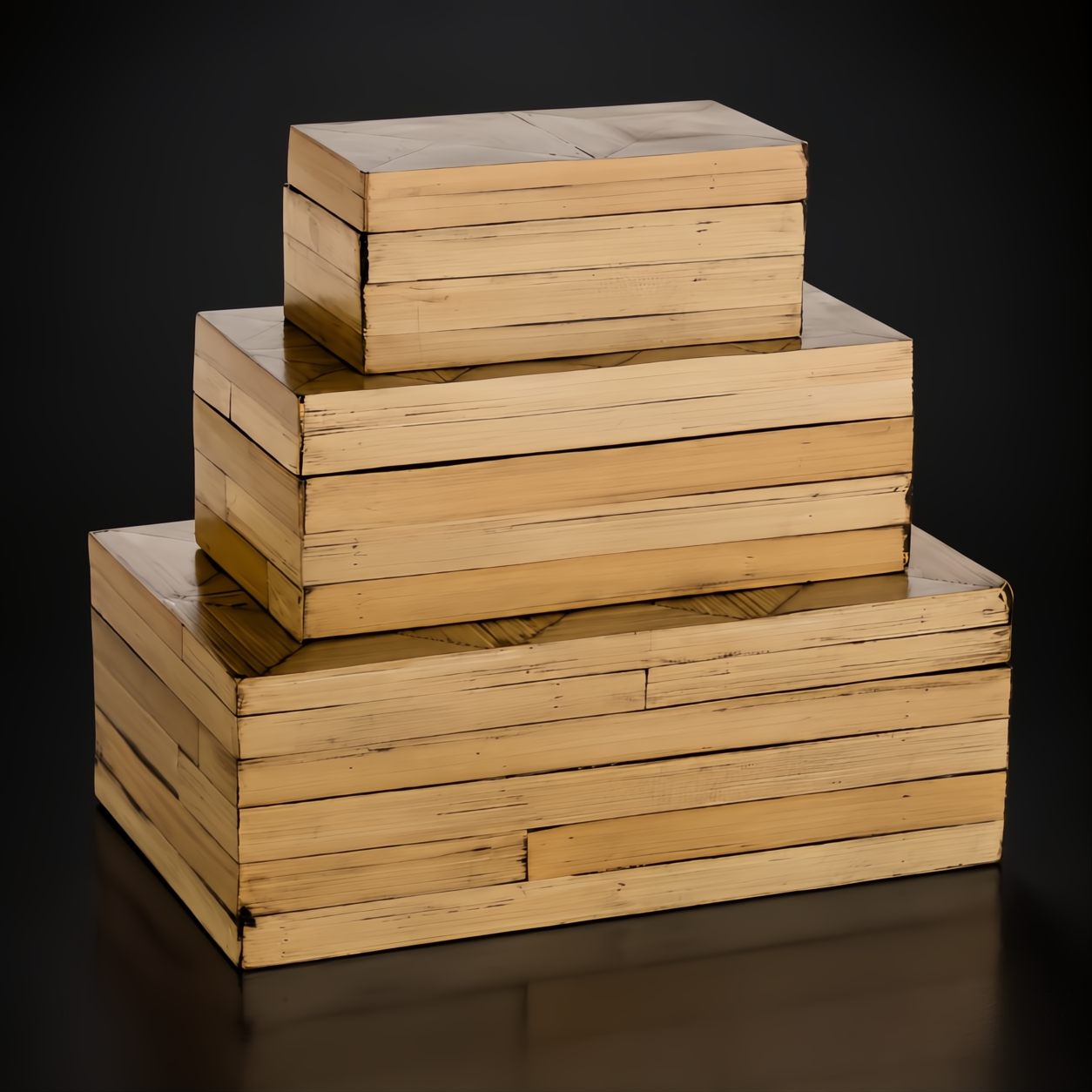 Surya Cane Garden decorative box set: three stacked, rectangular boxes made of natural bamboo with dark brown accents.