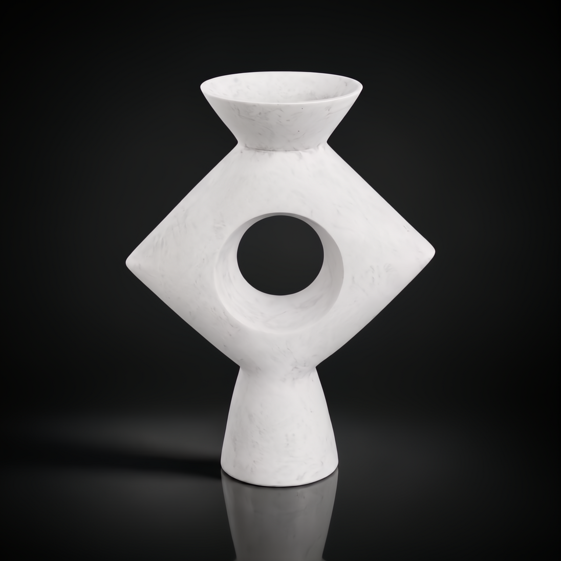 Modern white ceramic Yagya vase with a sculptural diamond shape and central circular cutout.