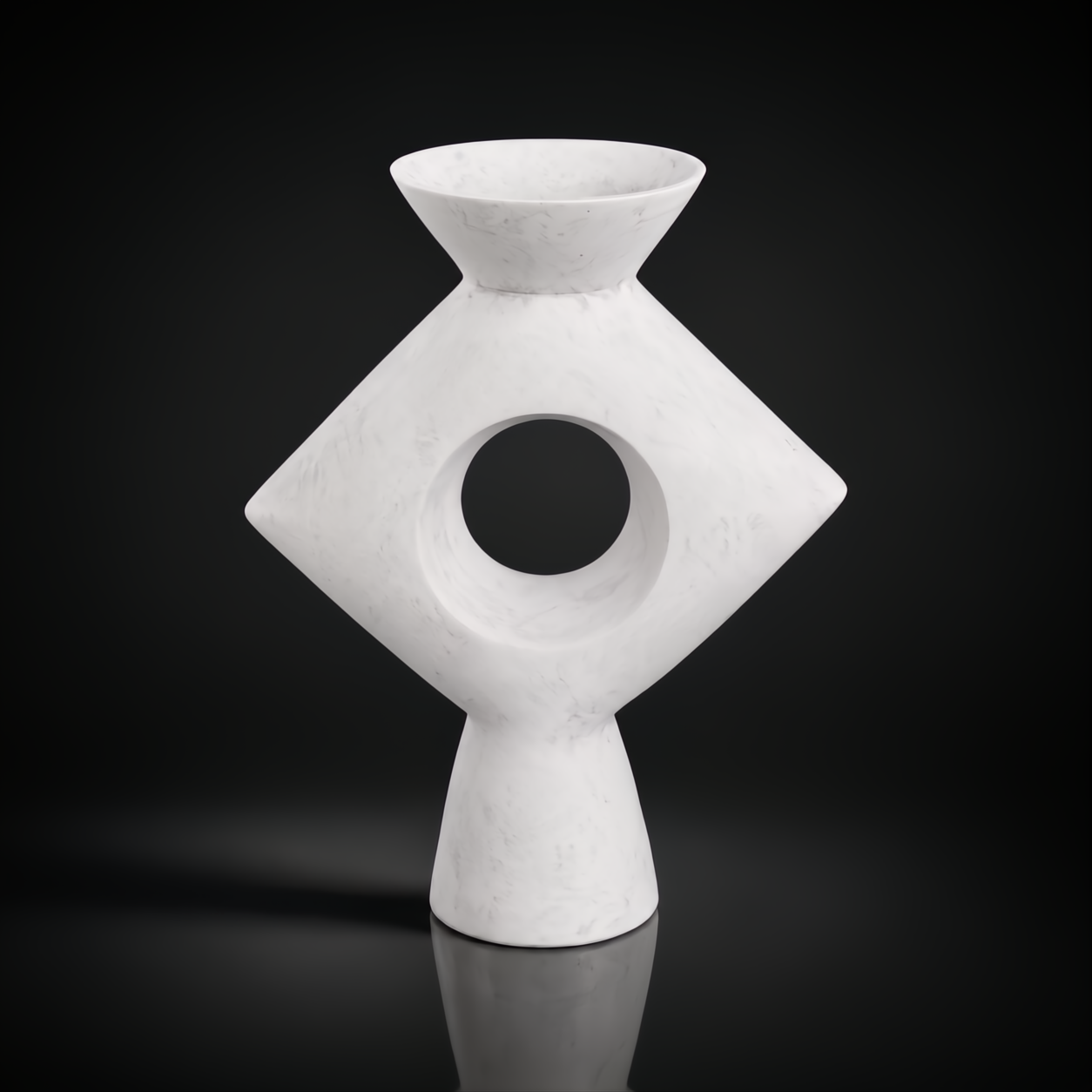 Modern white ceramic Yagya vase with a sculptural diamond shape and central circular cutout.