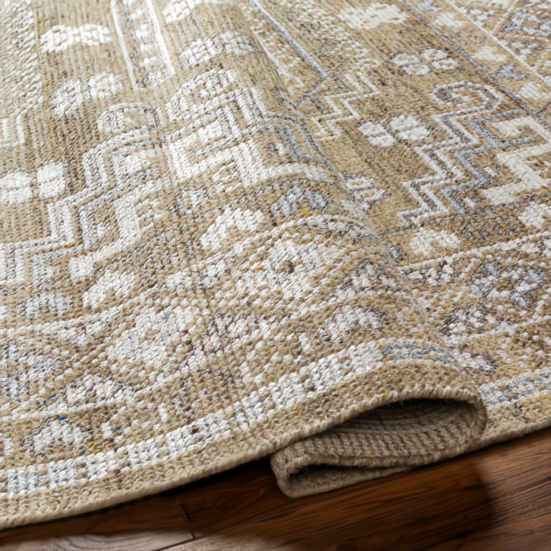 Hand-knotted Surya Almeria rug with a low pile, multi-color geometric pattern in mustard, gray, and cream.