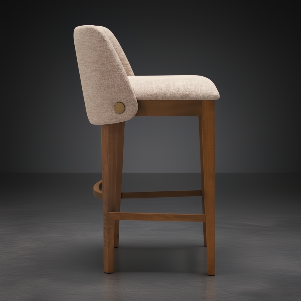 Surya Brooke counter stool with medium brown polyester upholstery and wheat-finished beechwood base.