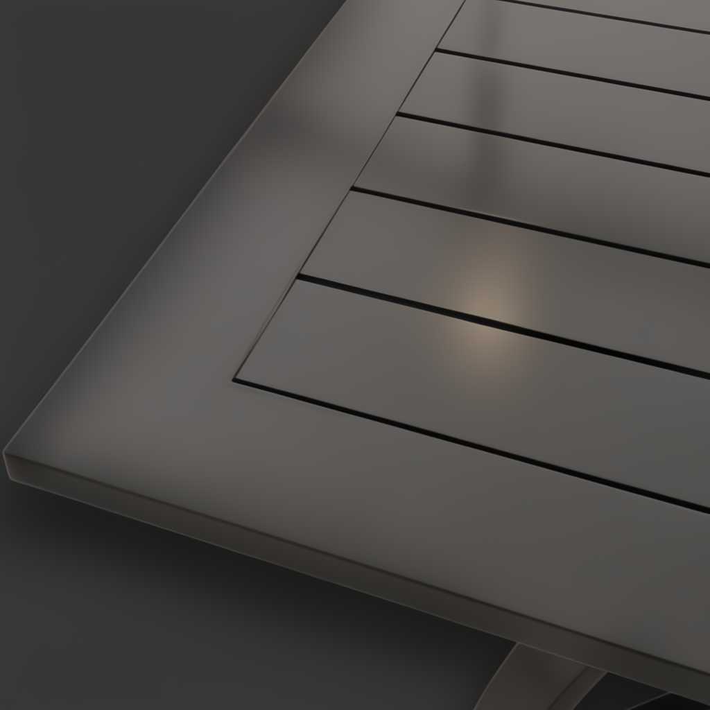 Black aluminum outdoor dining table with slatted top design.