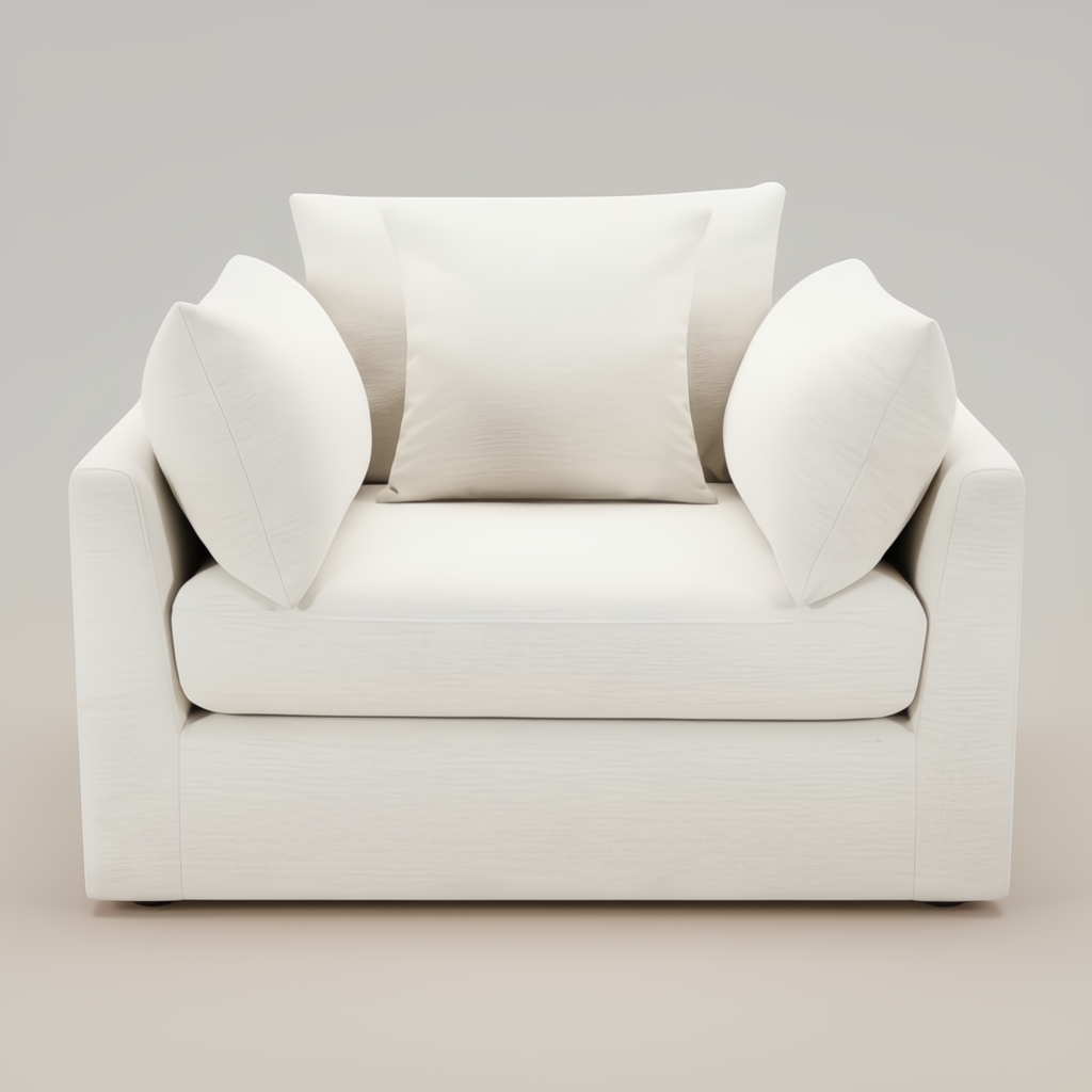 Surya Capitola white polyester-linen accent chair with three pillows, 34"H x 47"W x 44"D.
