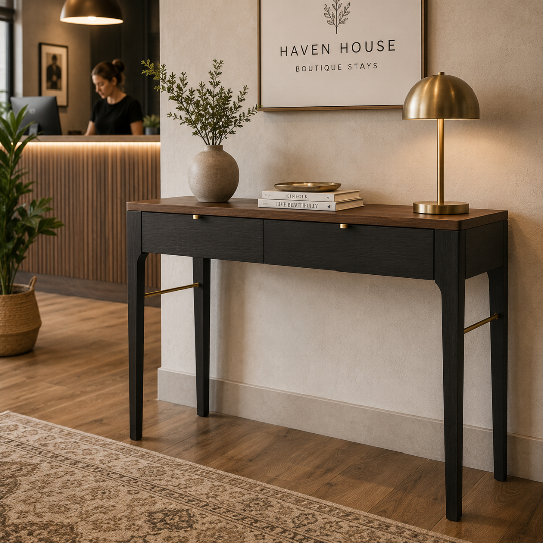 Surya Anello Console Table: brown oak veneer top, black base, brass accents, 48" wide.