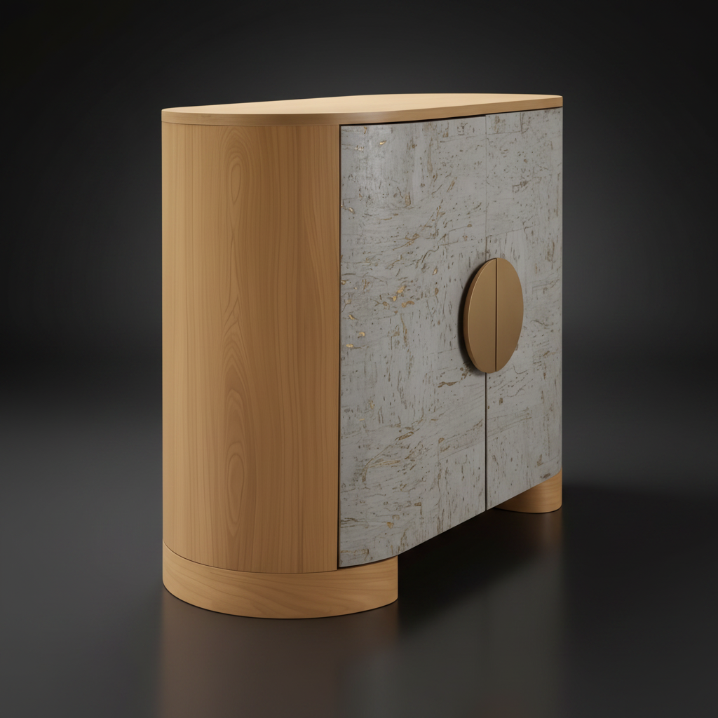 Surya Poros Cabinet: silver gray lacquered cork veneer top, brown natural oak base, soft-close doors.