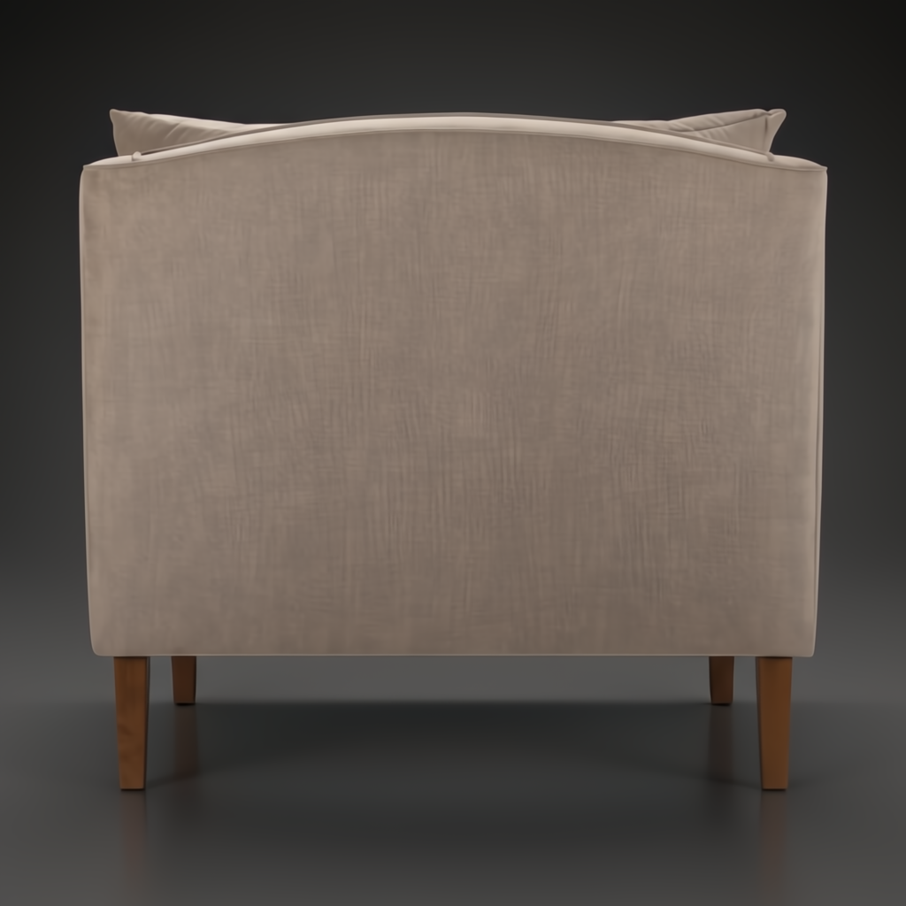 Back view of a light brown upholstered Surya Maywood accent chair with dark brown rubber wood legs.