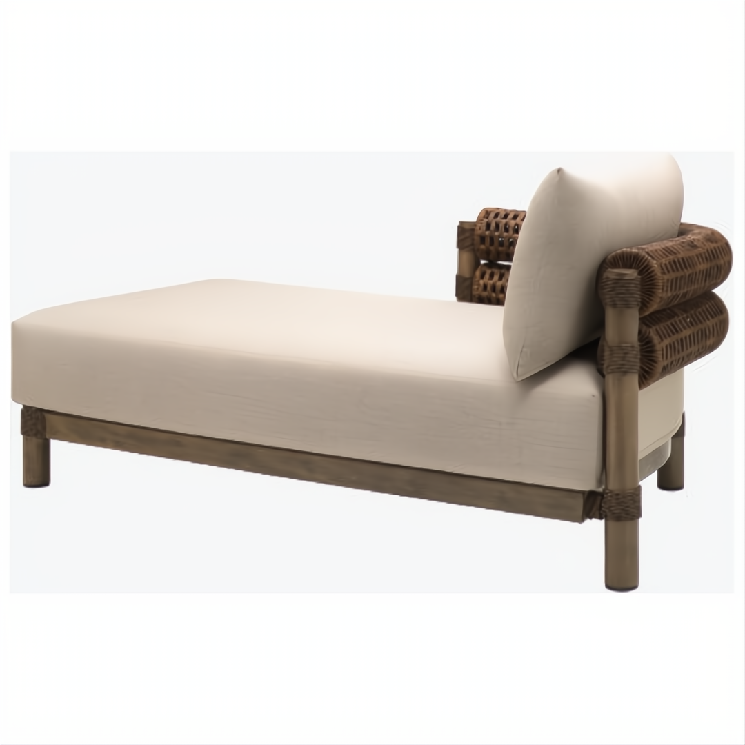 Brown Surya Porta sectional left arm chaise with beige Sunbrella cushion and woven rattan details.