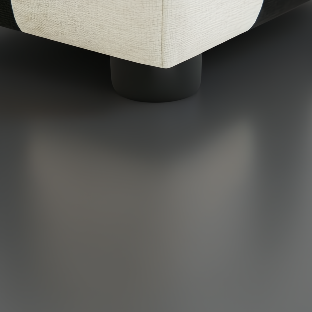 Close-up of a Surya Elenora modular chair corner, showing taupe polyester upholstery and a dark rubber wood leg.